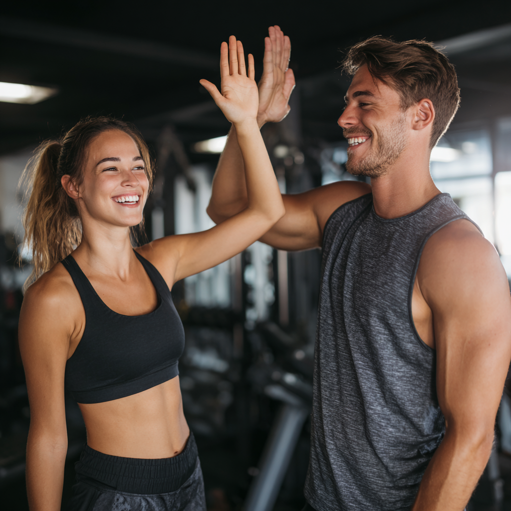 Молоді чоловік та жінка європейської зовнішності виконують функціональні вправи з посмішками, демонструючи задоволення від тренувального процесу